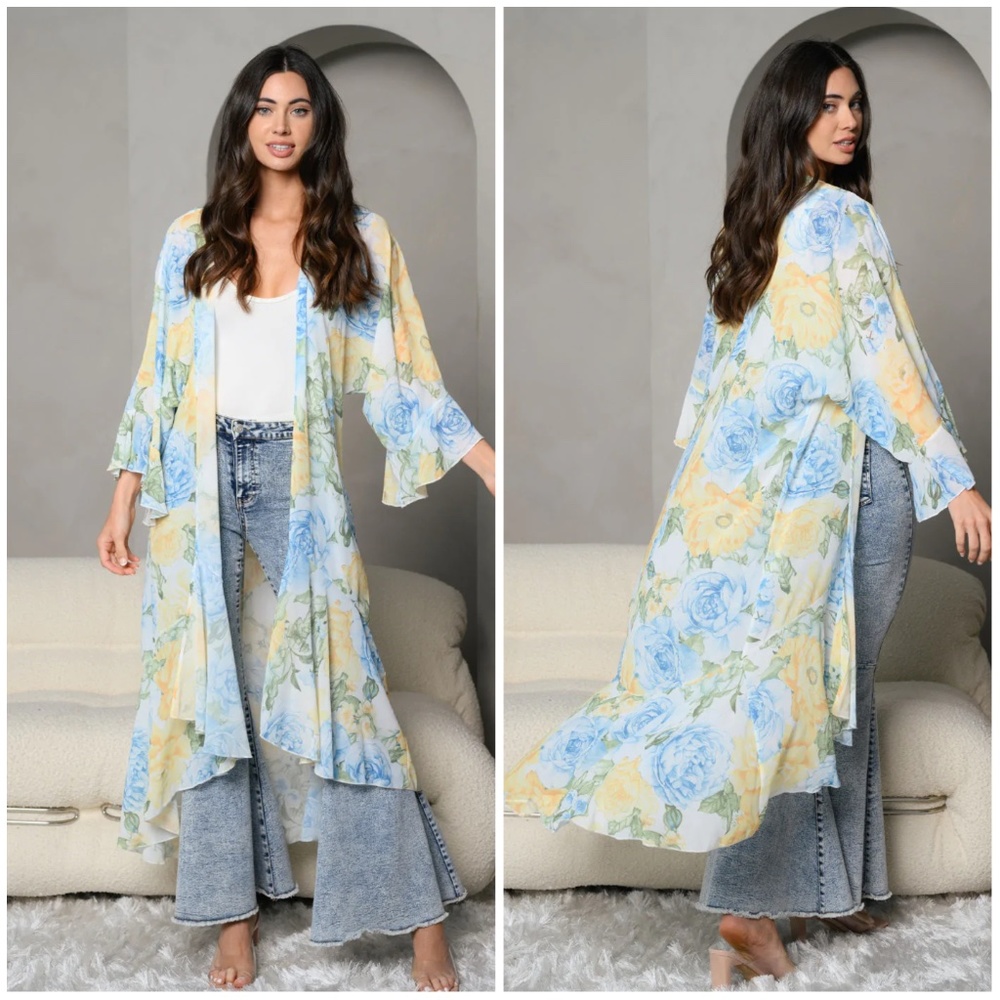 Floral Print Ruffled Cardigan/ Kimono